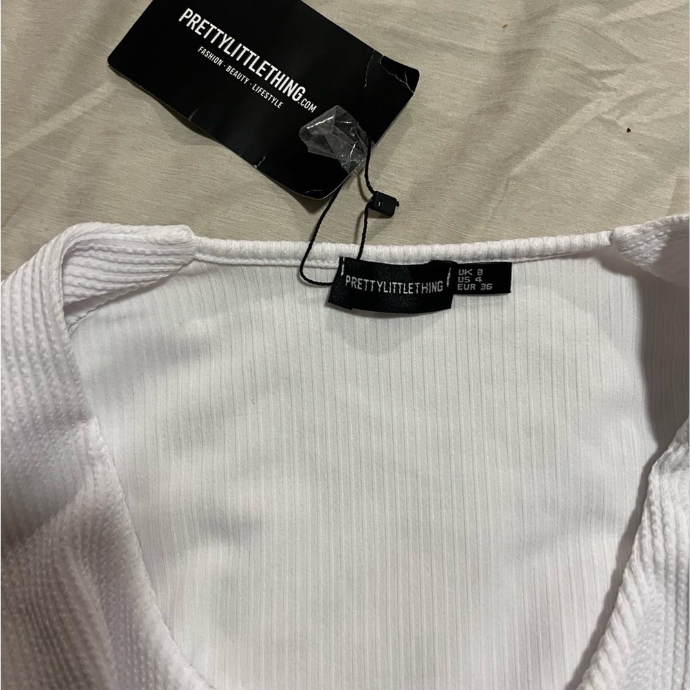 PLT white cutout detail crop top | scoop neck long sleeve rib knit white top NWT - Picture 5 of 9
